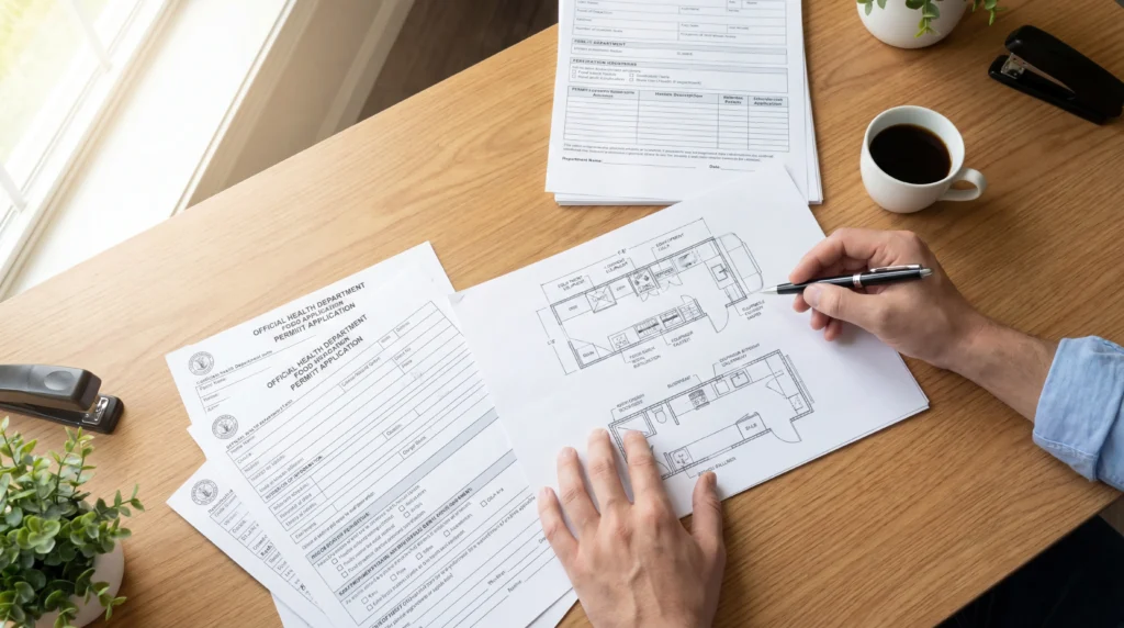 Food truck health permit application documents including floor plans and health department forms on desk