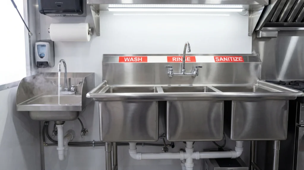 Food truck three-compartment sink setup with labeled wash rinse sanitize sections and separate handwashing sink
