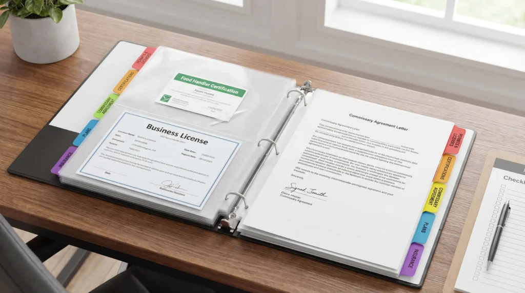 Organized food truck permit binder with tabbed sections showing licenses certifications and commissary agreement