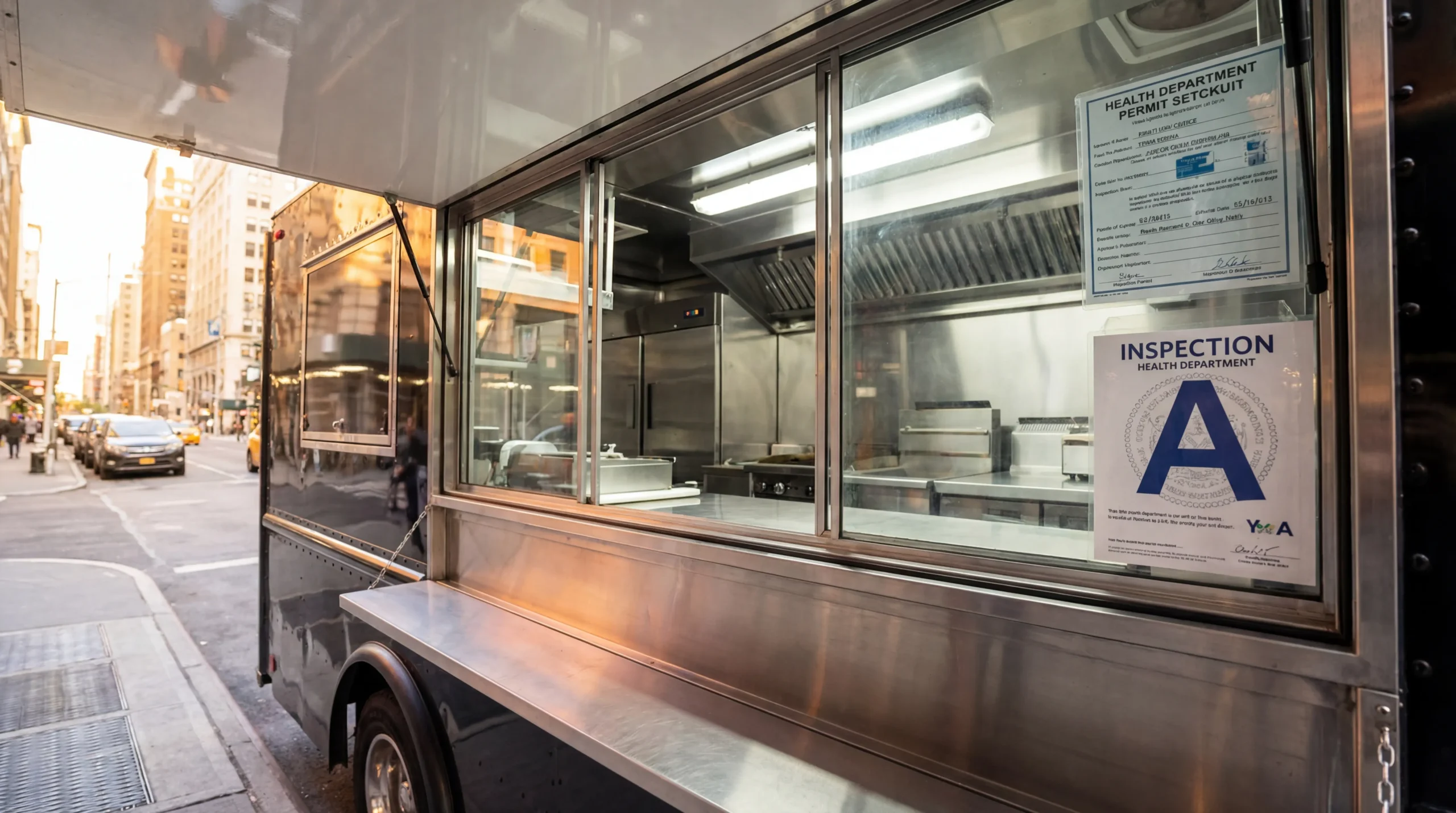 Food truck with health department permit sticker displayed on serving window showing Grade A rating