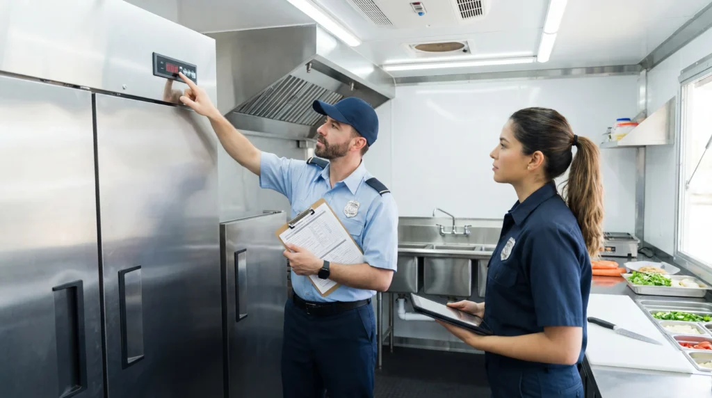 Health department inspector examining food truck kitchen equipment with clipboard during permit inspection