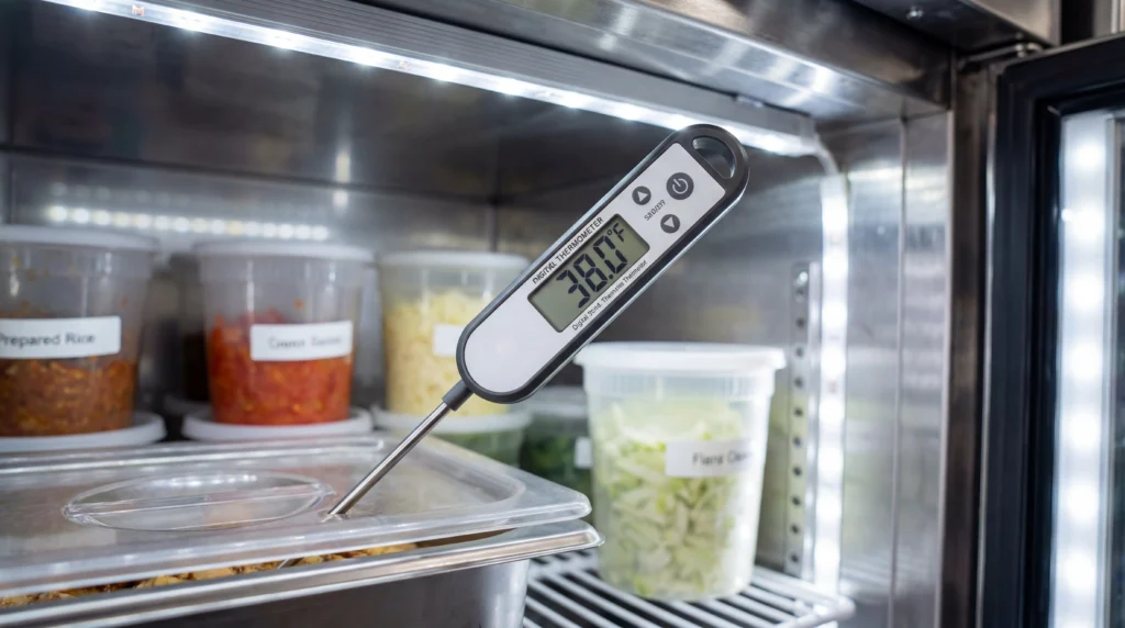 Digital thermometer showing 38°F temperature reading inside food truck commercial refrigerator