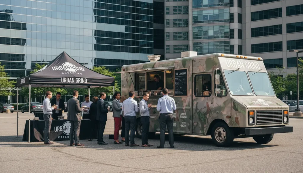 Food truck providing corporate catering at office building event with business professionals in line