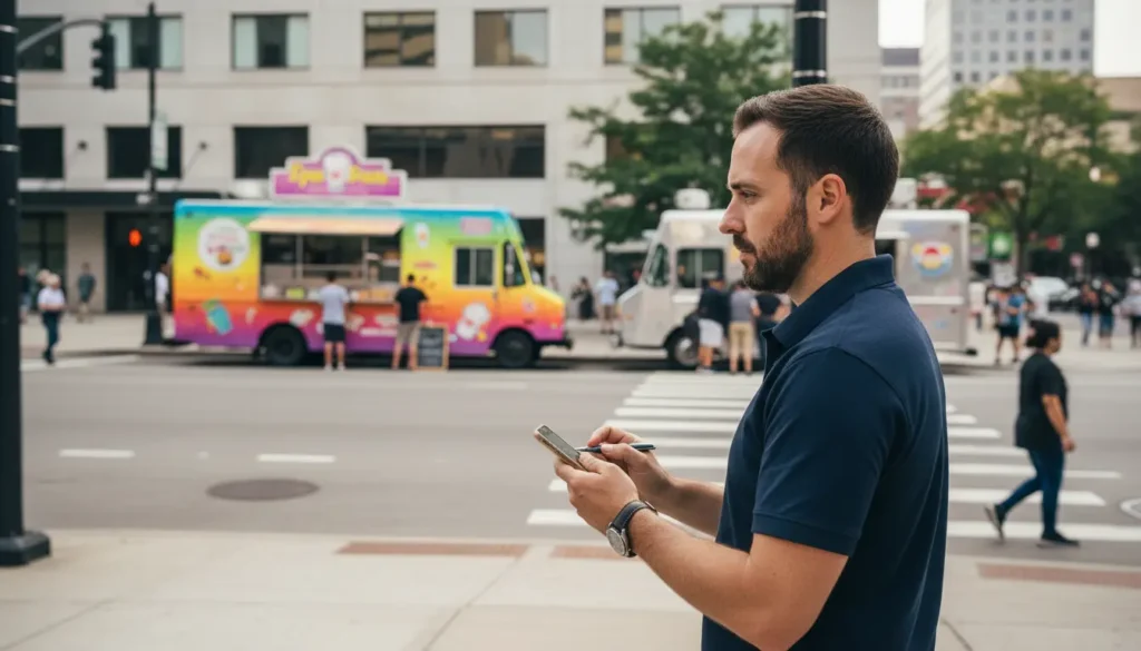Food truck owner analyzing competition by observing rival food trucks at busy location