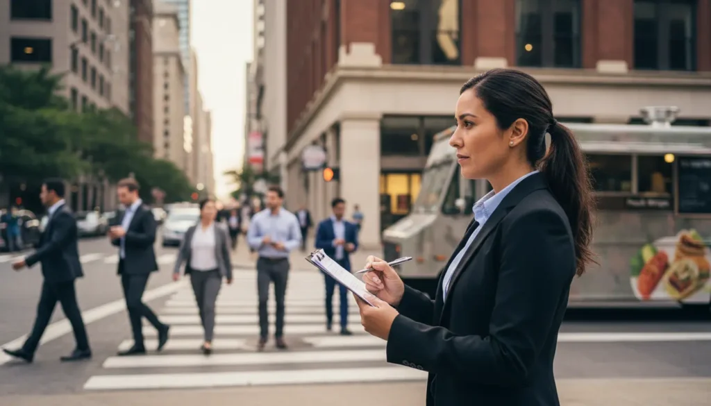 Food truck owner analyzing foot traffic and location economics on busy urban street corner