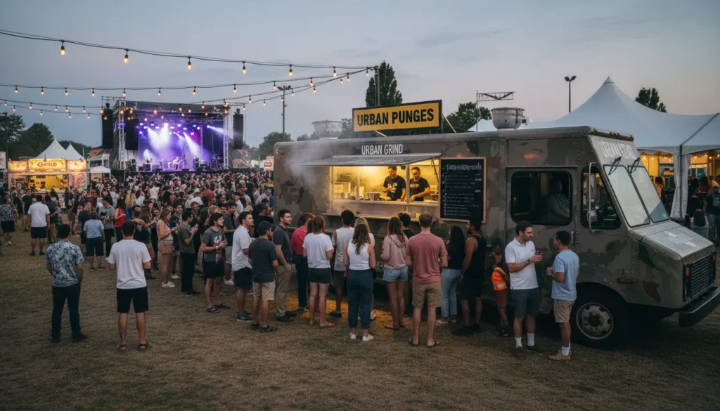 Food truck serving large crowd at outdoor festival event with string lights and festival atmosphere