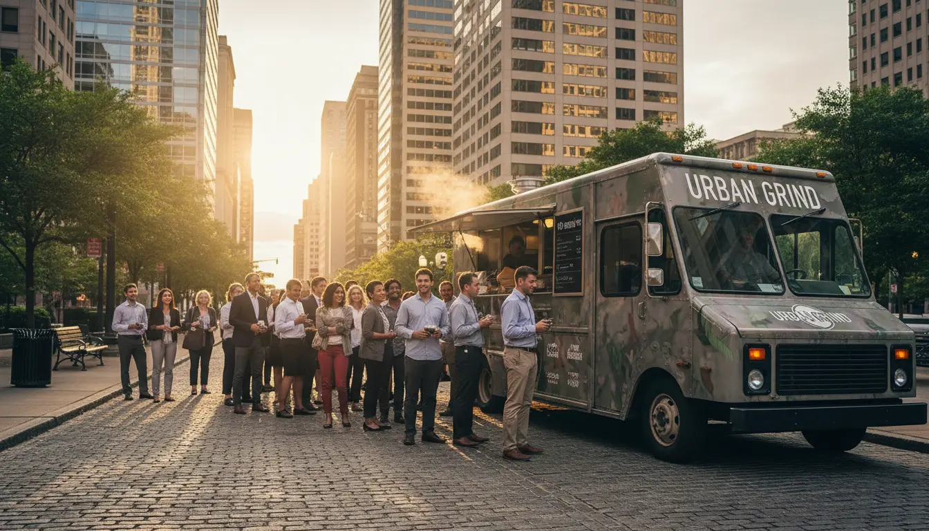 Food truck serving lunch crowd at prime downtown business location with office workers in line