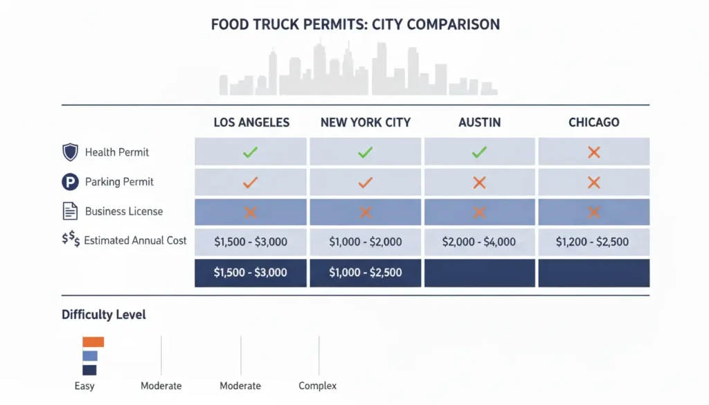 Infographic comparing food truck permit requirements and costs across major US cities
