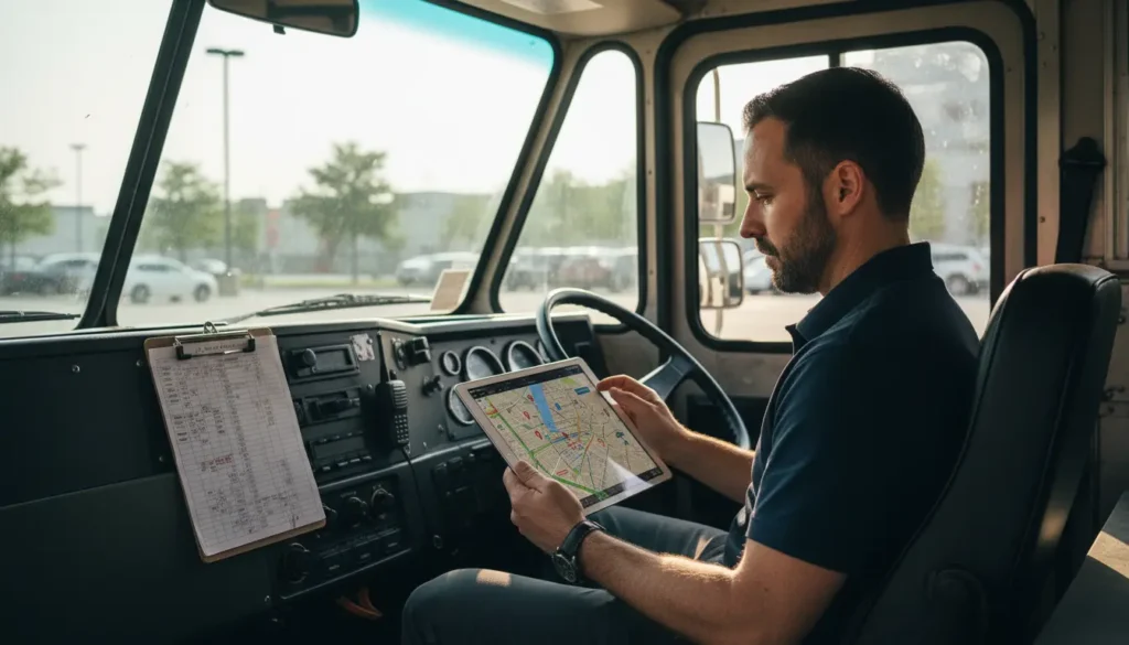 Food truck owner planning weekly route schedule on tablet with city map in truck cab