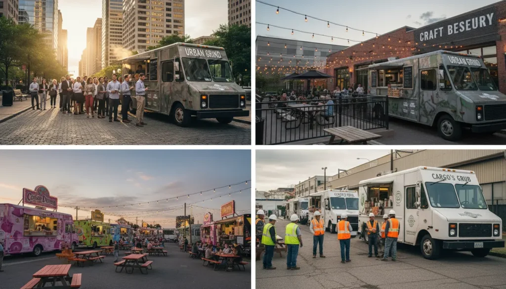 Four best food truck location types including downtown, brewery, food truck park, and industrial areas