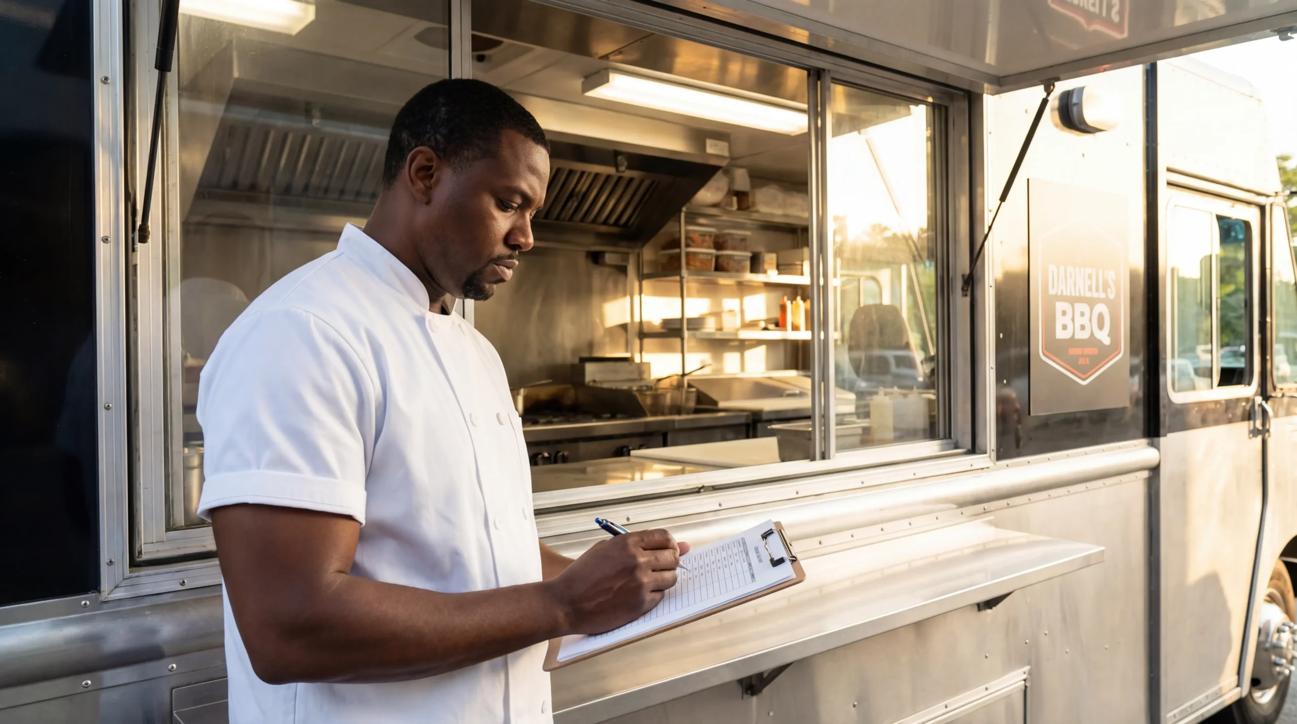 Food truck operator reviewing daily operations checklist inside commercial mobile kitchen during pre-service preparation