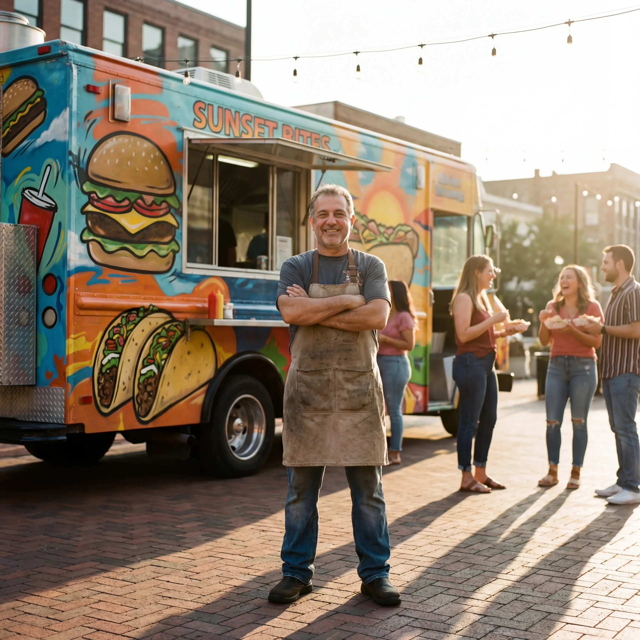 Food truck owner standing proudly in front of their mobile kitchen at sunset