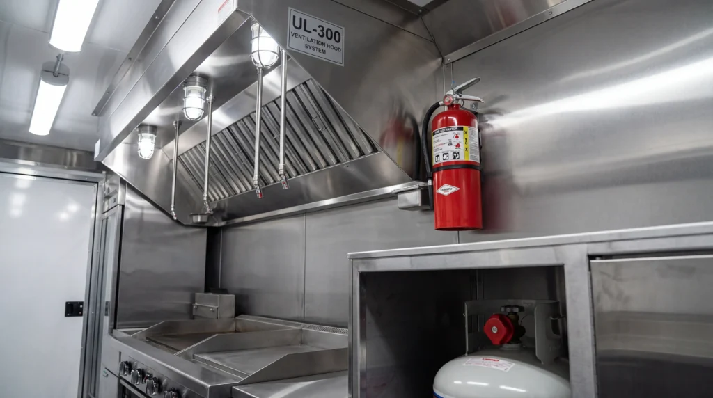 Food truck fire suppression system with UL-300 hood and Class K extinguisher