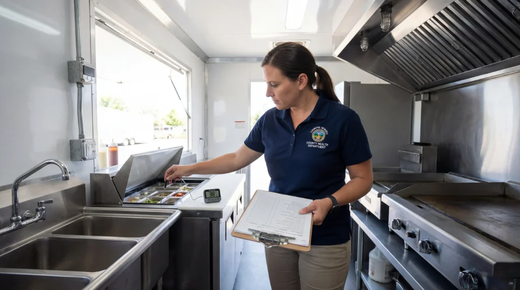 Health inspector examining food truck kitchen with clipboard during permit inspection