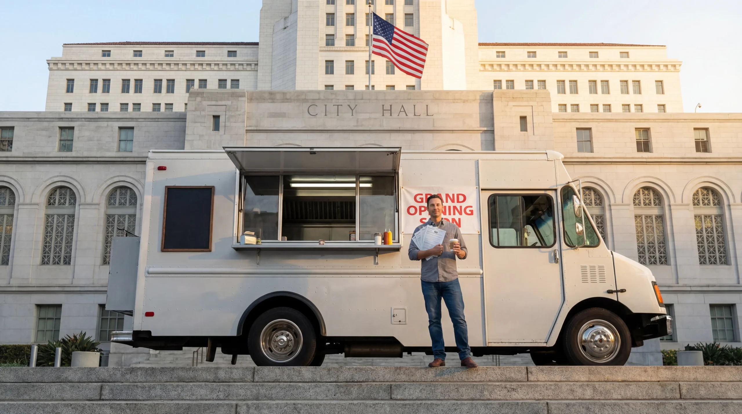 Food truck owner holding permit documents outside city hall building at sunrise