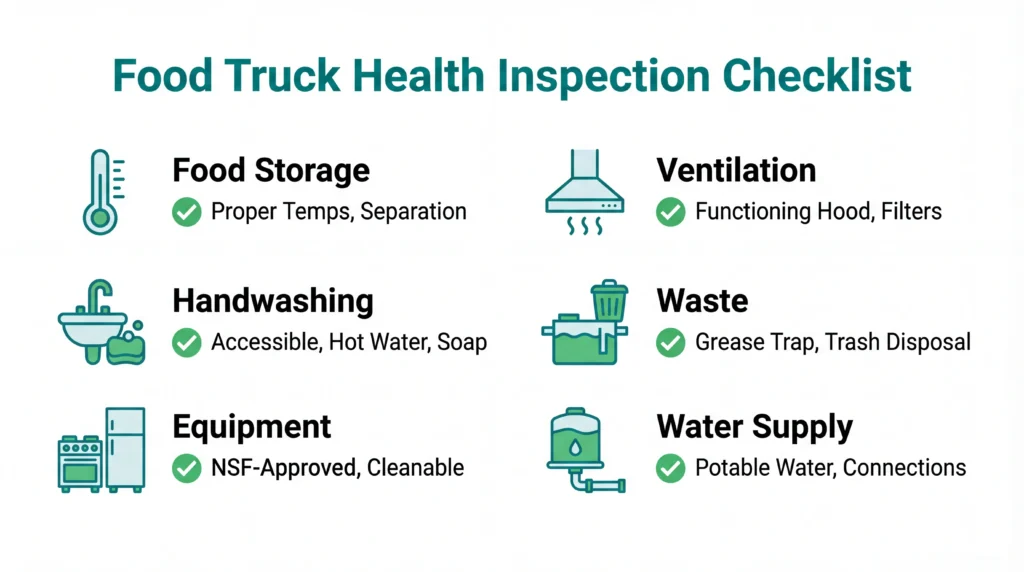 Health inspection checklist infographic showing six key areas inspectors check on food trucks