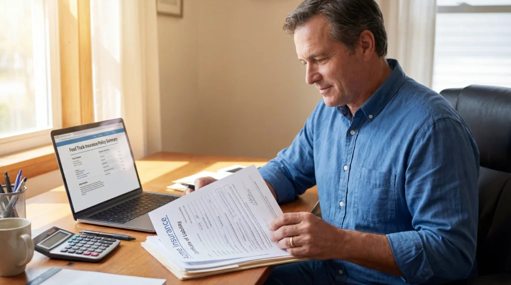Food truck owner reviewing insurance policy documents and certificates at desk