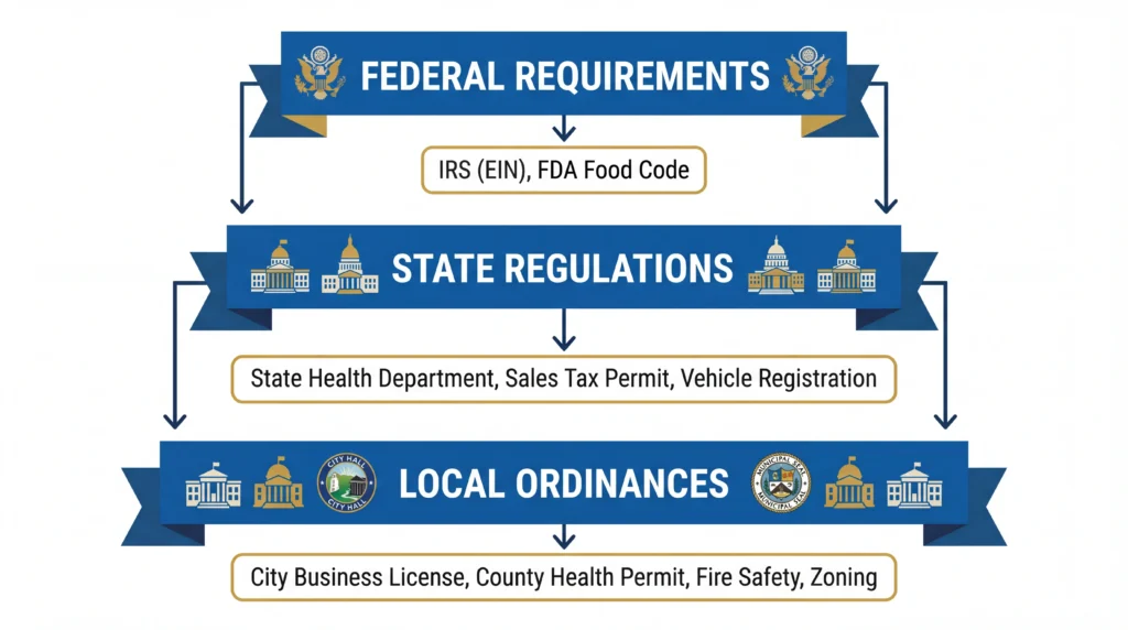 Three-tier diagram showing federal state and local food truck permit requirements