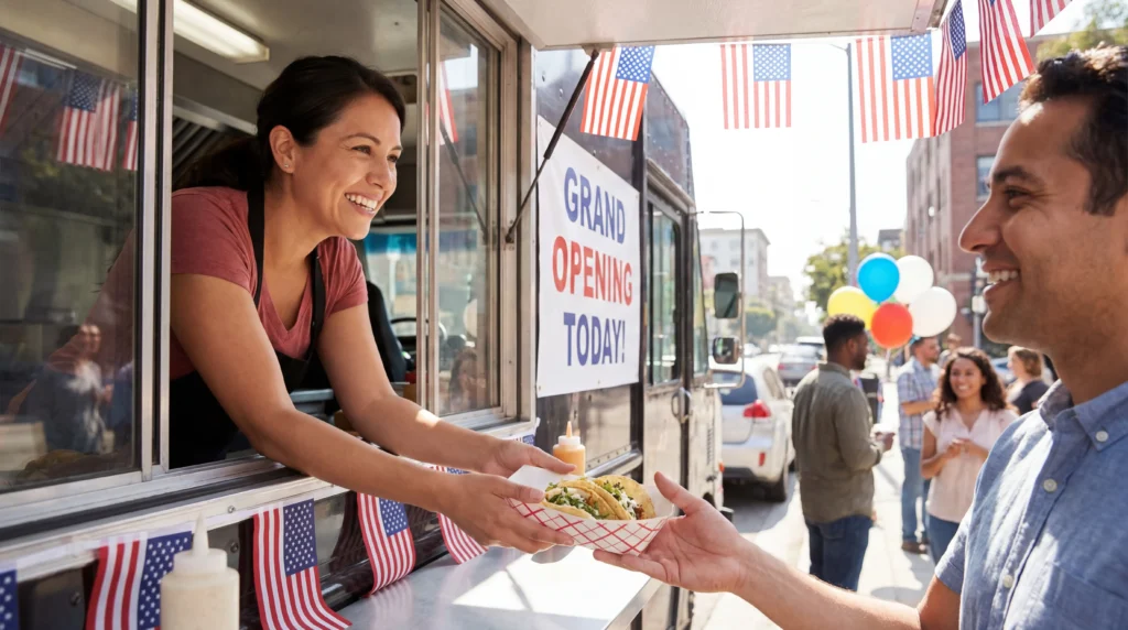Food truck owner serving first customer after completing permit process