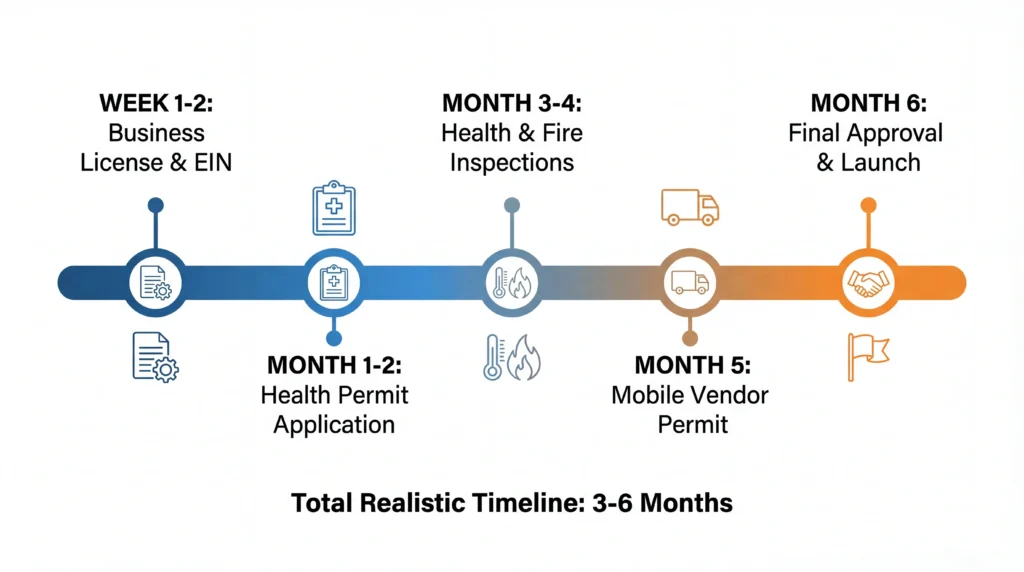 Food truck permit application timeline infographic showing 3 to 6 month process
