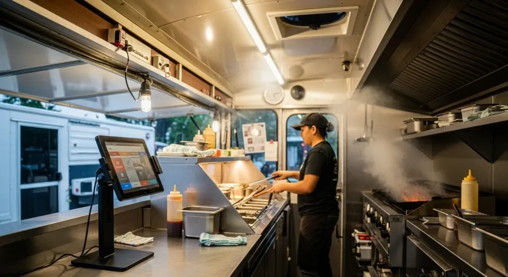 Food truck interior showing POS system operating in challenging mobile environment with heat and limited space