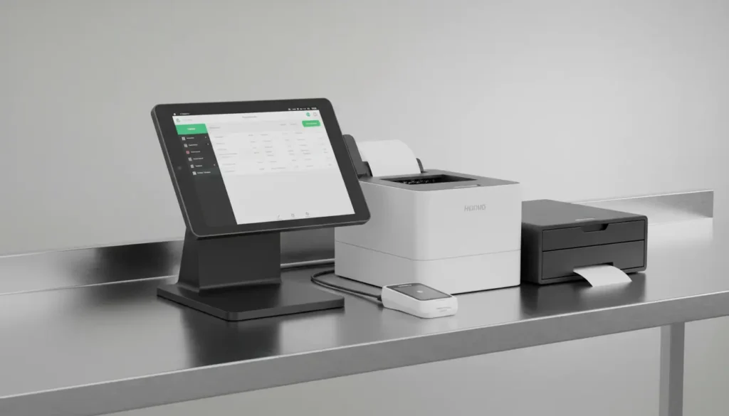 Complete food truck POS hardware setup with tablet terminal card reader receipt printer and cash drawer