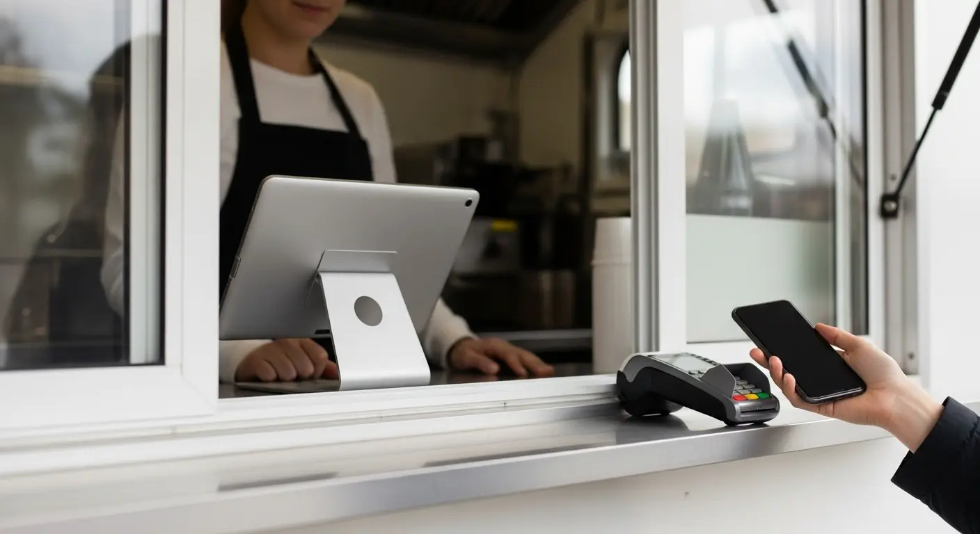 Food truck POS system with tablet and contactless payment reader at service window