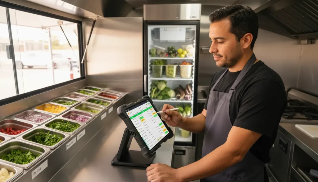 Food truck operator checking real-time inventory levels on POS tablet system