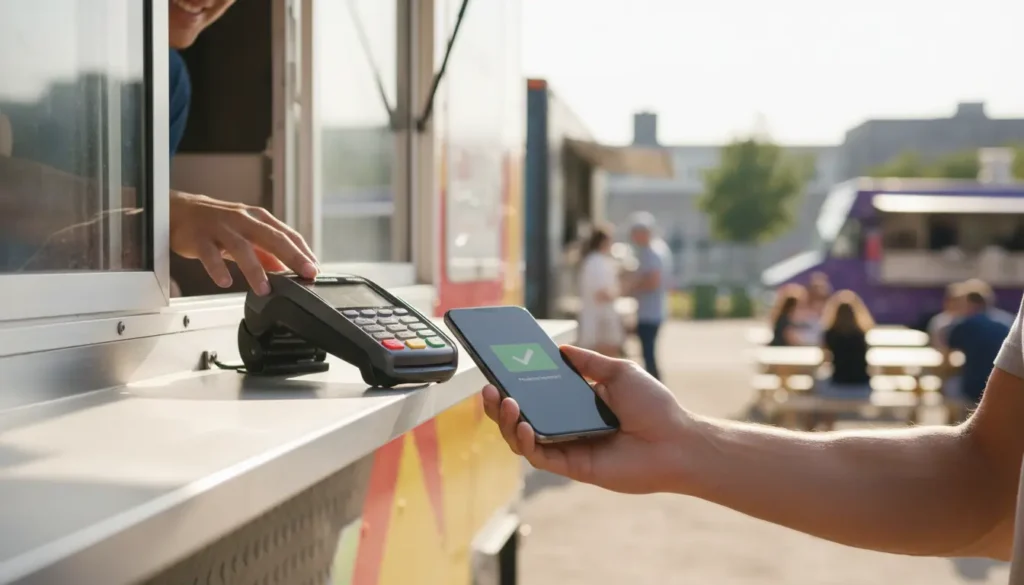 Customer making contactless mobile payment at food truck with tap-to-pay card reader