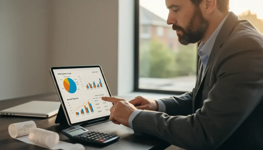 Business owner analyzing food truck POS system pricing comparison on tablet device