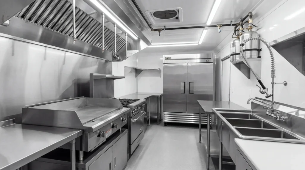 Food truck commercial kitchen interior: stainless steel equipment, griddle, refrigerator, sink setup