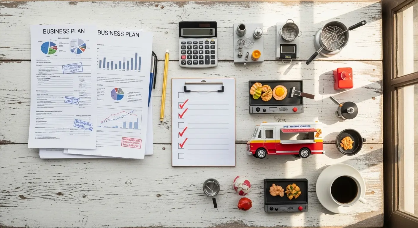 Food truck startup checklist essentials: business plan, permits, equipment guide on organized desk
