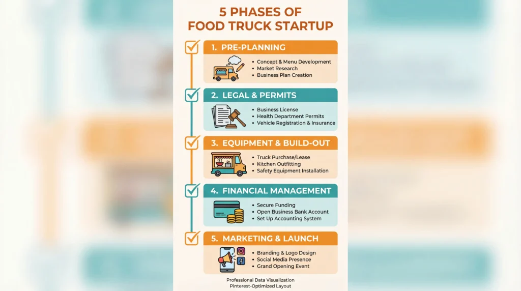 Food truck startup phases infographic: 5-step timeline from planning to launch with checklist items