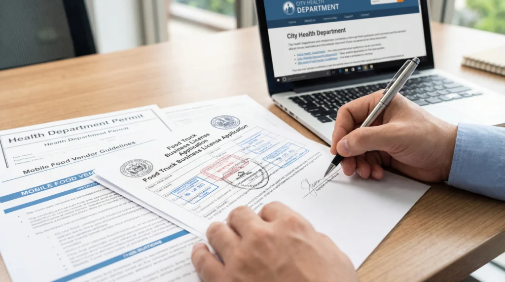 Filling out food truck permit applications: business license and health department forms on desk
