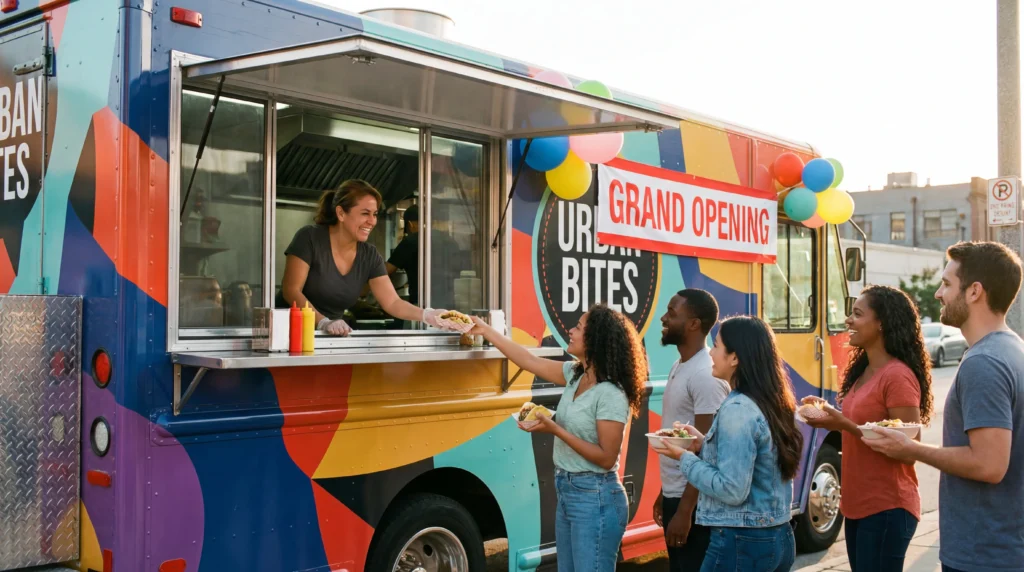 Food truck grand opening success: owner serving customers with line of people at launch event