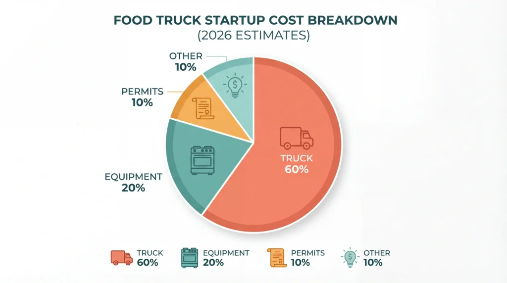 Food truck startup cost breakdown infographic showing vehicle 60%, equipment 20%, permits 10%, other 10%