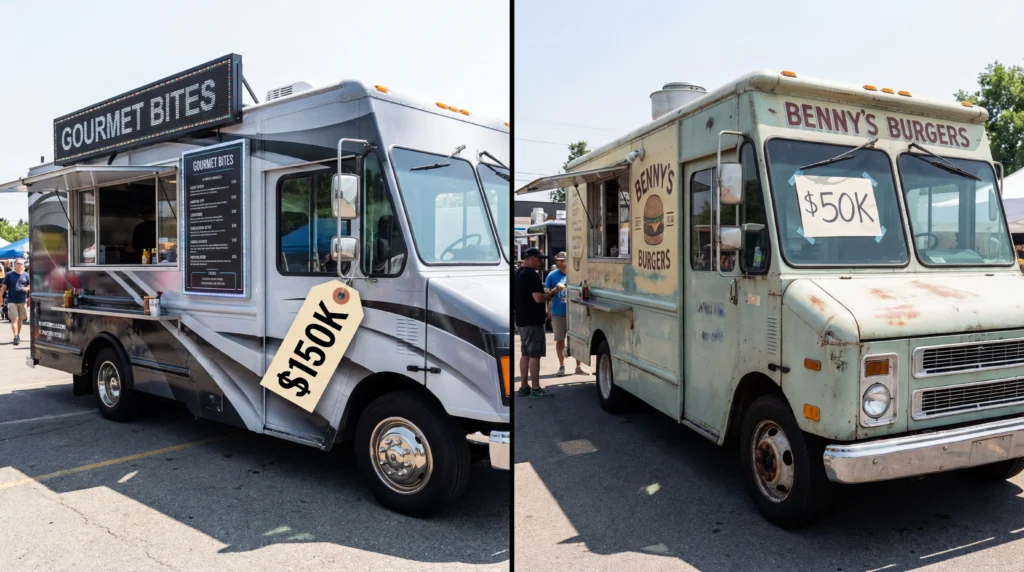 Side-by-side comparison of new food truck at $150K versus used food truck at $50K showing value difference