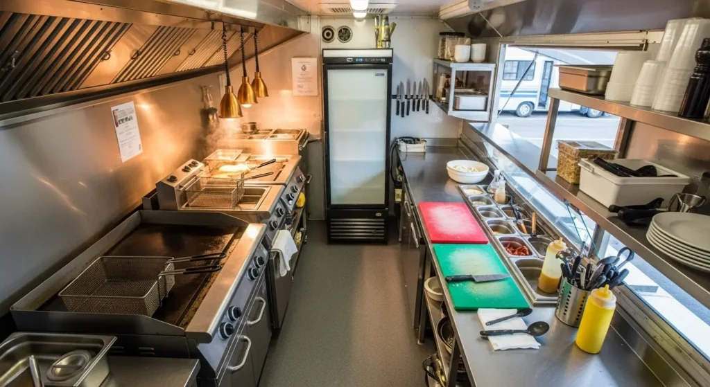 Inside a food truck kitchen showing commercial griddle, fryer, refrigeration and prep station setup