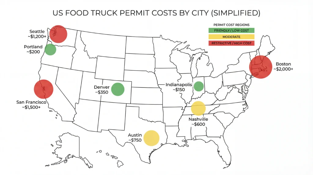 US map showing food truck permit costs by city from $590 in Indianapolis to $17,066 in Boston