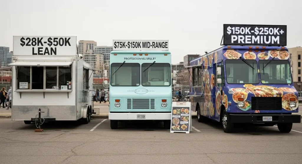 Three food trucks showing lean $28K, mid-range $100K, and premium $200K+ startup budget options