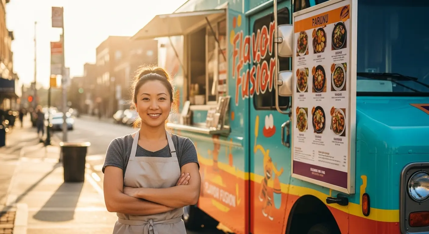 Female food truck owner standing confidently in front of her colorful mobile kitchen at sunrise