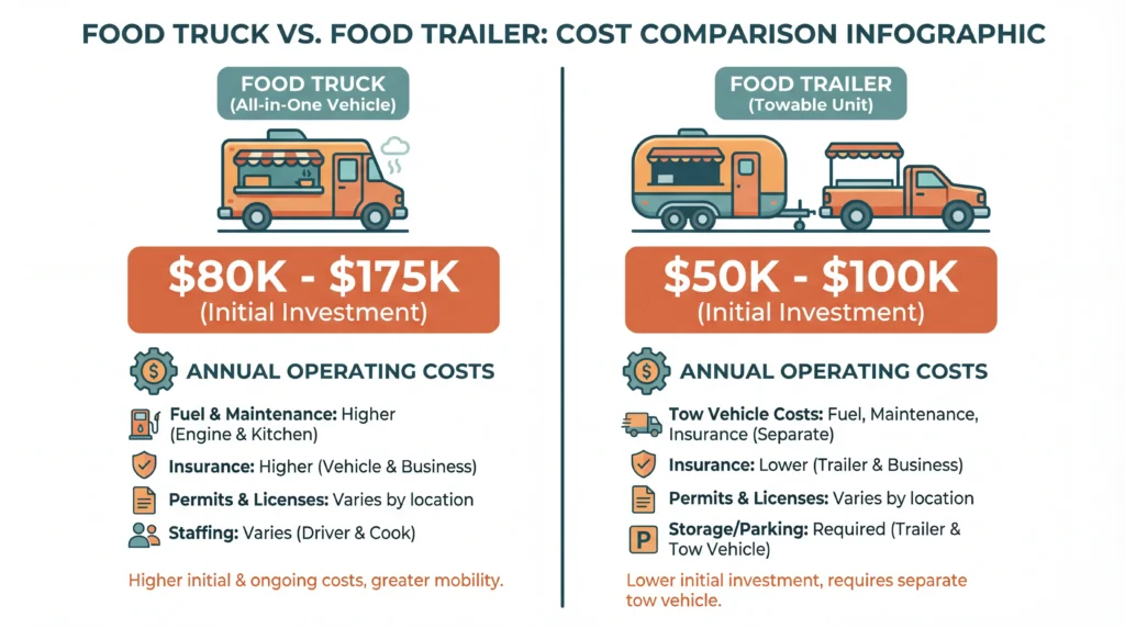 Food truck vs food trailer cost comparison infographic showing upfront costs of 80K-175K for trucks vs 50K-100K for trailers