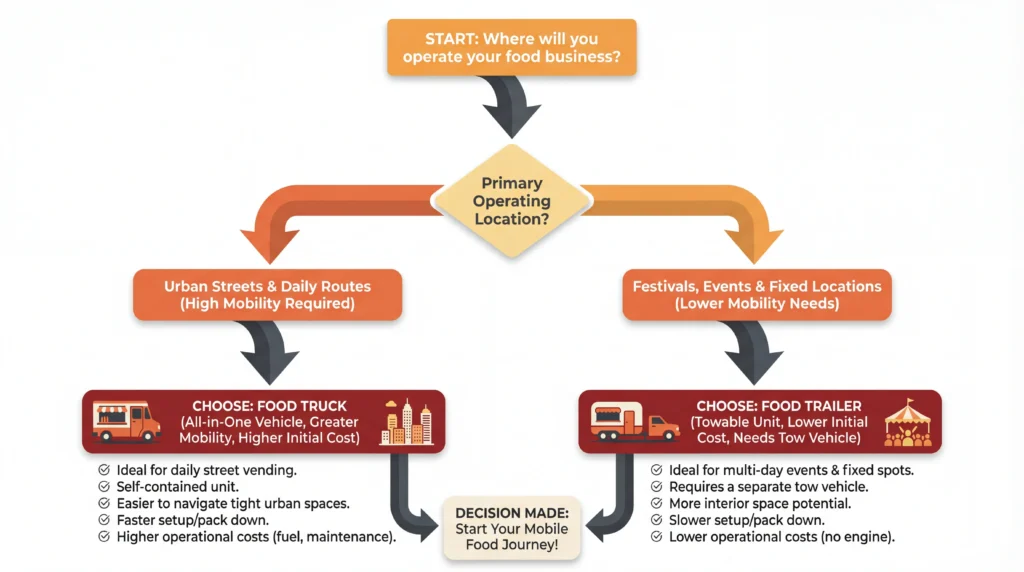 Food truck vs food trailer decision flowchart showing how operation type determines best mobile kitchen choice