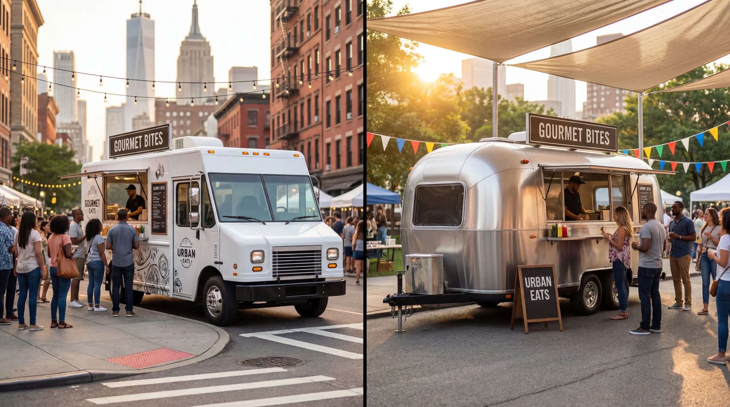 Food truck vs food trailer side by side comparison at outdoor festival showing key differences in mobility and setup