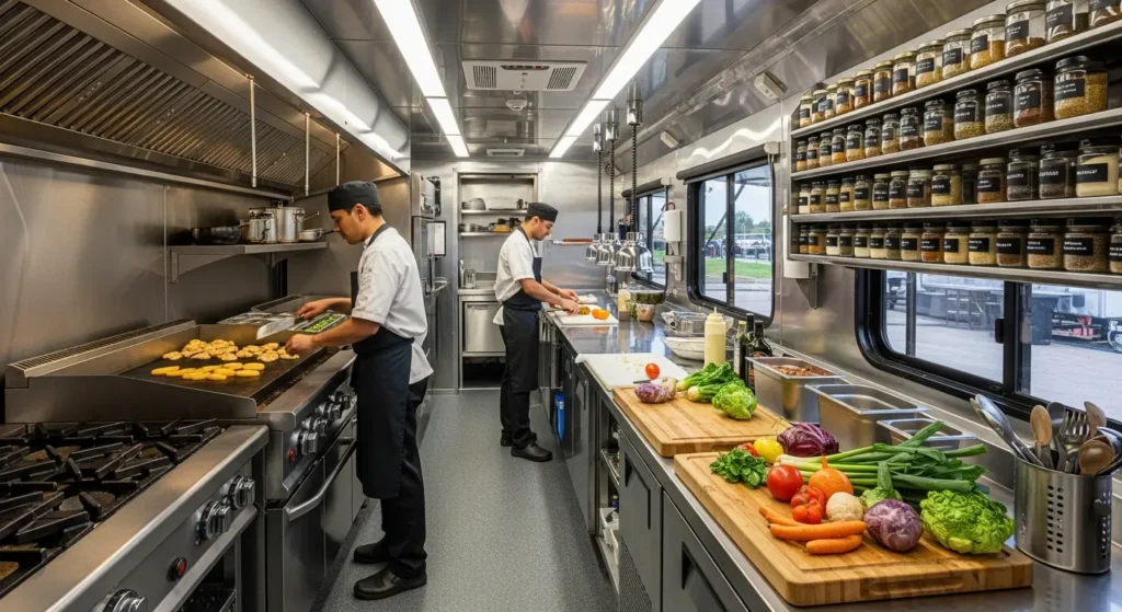 Spacious food trailer interior kitchen showing two workers with commercial griddle prep counter and 8-foot wide workspace