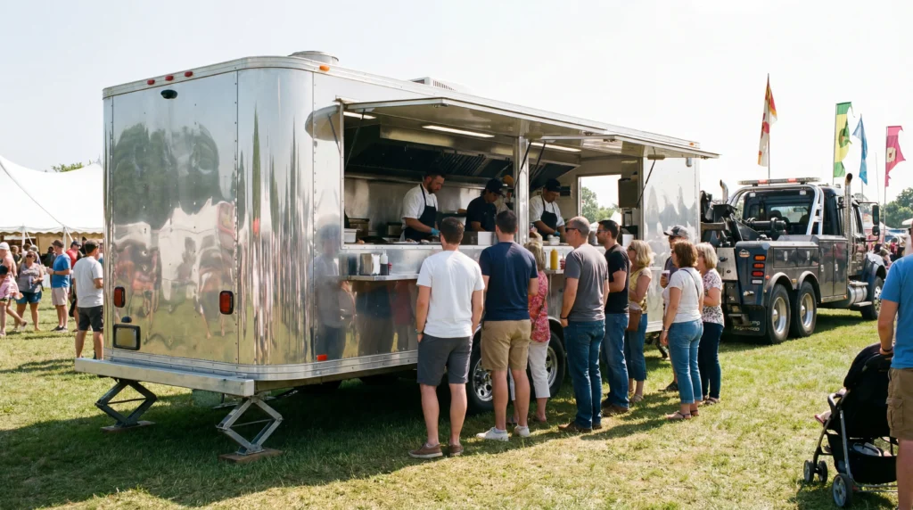Food trailer unhitched from tow vehicle at festival with stabilizer jacks deployed and serving window open to customers