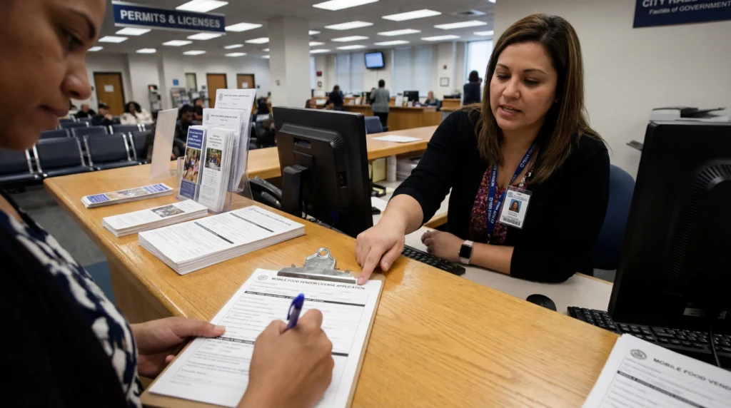 Person submitting mobile food vendor license application at city hall counter with clerk assistance