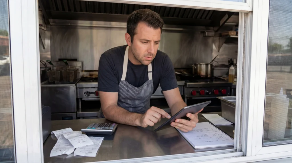 Food truck owner calculating mobile food vendor license costs with tablet calculator and permit paperwork