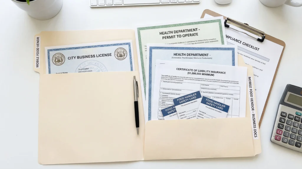 Food truck permit requirements documents including business license health permit and insurance certificate organized on desk