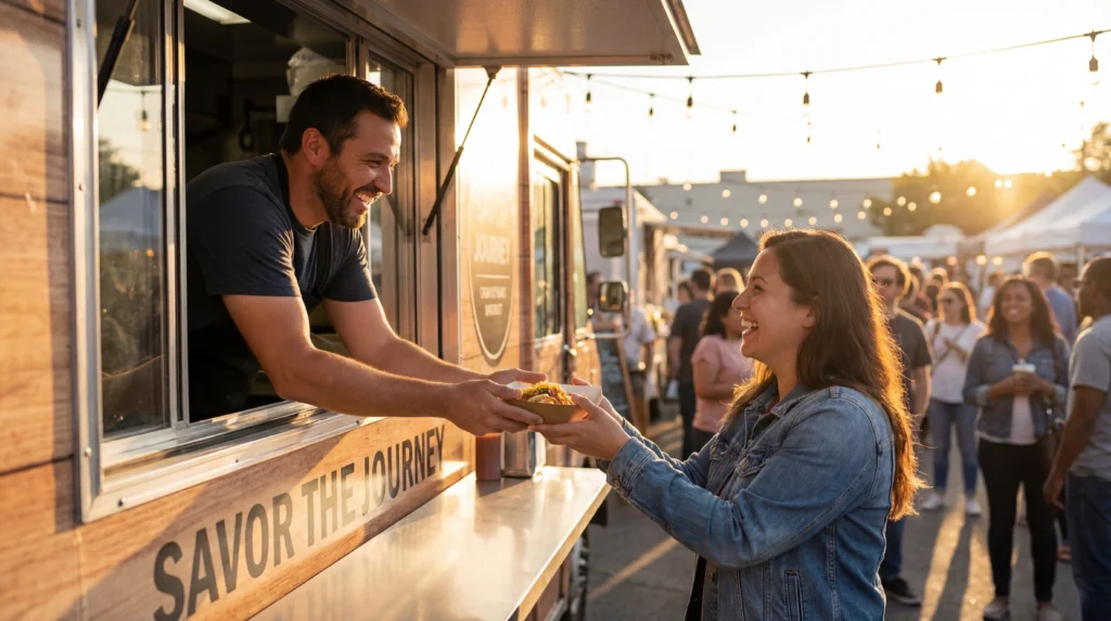 Happy food truck owner serving satisfied customer through service window at golden hour